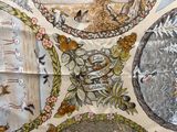an image of a table cloth with birds and flowers on it