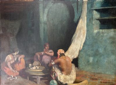 a painting of a woman sitting on a chair in a room