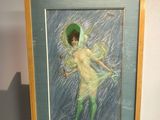 un tableau représentant une femme tenant un parapluie posé sur un chevalet