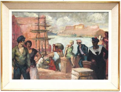 a painting of a group of people on a dock