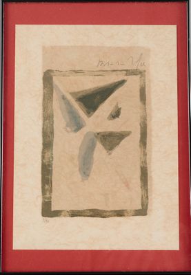 tableau représentant un oiseau dans un carré sur fond rouge