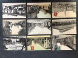 several black and white photos of a train station with people on the platform