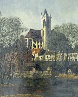 a painting of a church with a clock tower in the background