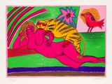 painting of a woman laying on a bed with a cat and bird in the background