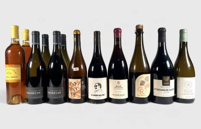 bottles of wine are lined up in a row on a white surface