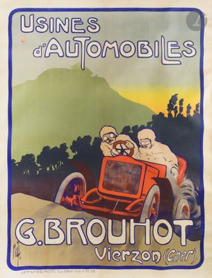 une vieille affiche représentant un homme au volant d'une voiture sur une route de campagne