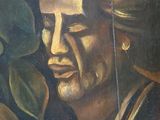 painting of a man holding a plant in front of a window