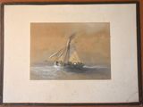 painting of a sailboat in the ocean with a sky background