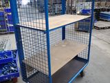 blue steel wire mesh shelf cart with wooden top