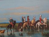 tableau représentant un groupe d'hommes traversant une rivière à cheval