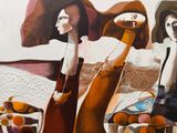 tableau représentant deux femmes coiffées de chapeaux et tenant des oranges dans une pièce