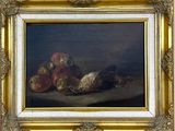 tableau représentant une nature morte composée de fruits et de légumes, dans un cadre doré