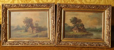 two framed paintings of a farm scene with a windmill and a house