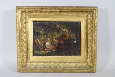 une peinture à l'huile représentant un groupe de personnes dans un cadre boisé