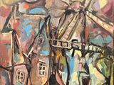a painting of a windmill and a building with a sky background
