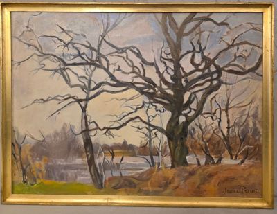 une peinture d'un arbre au milieu d'un champ
