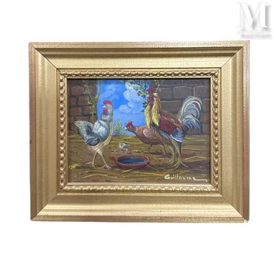 une photo d'un tableau représentant des coqs dans une grange