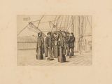 a drawing of a group of men standing on a boat