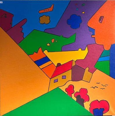 painting of a colorful landscape with houses and trees on a hill