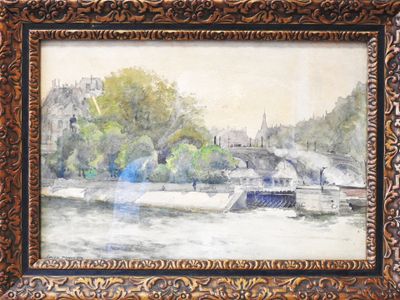 painting of a river scene with boats and buildings in the background