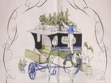 a drawing of a horse drawn carriage with a man on it