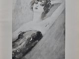 a black and white drawing of a woman laying on a couch