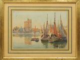 an image of a painting of boats in a harbor with a castle in the background
