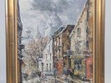 une peinture à l'huile représentant une scène de rue avec, en arrière-plan, des bâtiments et une tour horloge