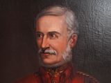 painting of a man in a red uniform with a mustache and moustache