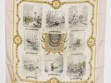 an image of a pink scarf with pictures of people and animals on it