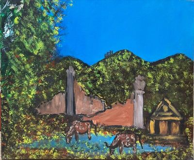 painting of a painting of two horses grazing in a field with a house in the background