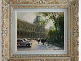 an oil painting of a street scene with a horse and buggy in the foreground