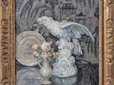 painting of a bird and a vase of flowers on a table