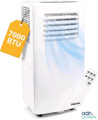 un petit climatiseur blanc sur lequel est collée une étiquette de prix
