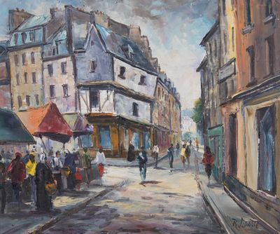 une peinture représentant une scène de rue avec des personnes marchant dans la rue
