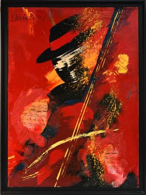 un tableau représentant un homme coiffé d'un chapeau et tenant une guitare, sur un fond rouge