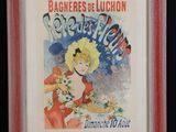 an old poster of a woman in a red dress holding flowers