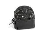 black leather mini backpack with white stitching on the front