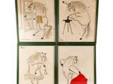 quatre dessins encadrés représentant des chevaux et une femme en robe rouge