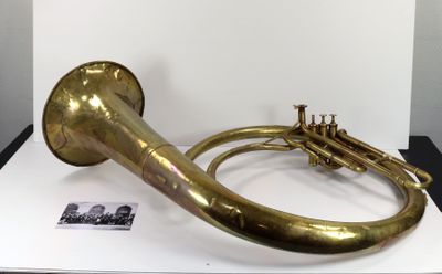 a brass instrument on display on a white surface