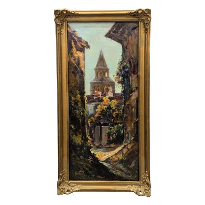 une peinture à l'huile représentant le clocher d'une église à flanc de montagne