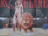 une grande affiche représentant une femme debout à côté d'un lion