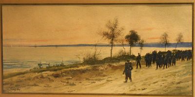 une image représentant un tableau où l'on voit un groupe de personnes marchant sur une plage