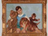 un tableau représentant un garçon, deux chiens et un ours en peluche