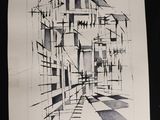 drawing of a black and white drawing of a building on a black background