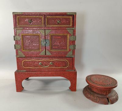 JAPON Coffre de bijoux en bois laqué rouge