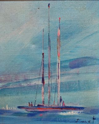 une peinture à l'huile représentant un voilier en pleine mer, avec le ciel en arrière-plan