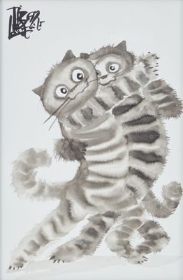 tableau représentant deux chats enlacés au milieu d'un tableau
