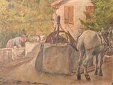 a painting of a horse pulling a cart with a man on it