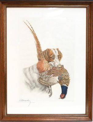 tableau représentant un chien tenant un faisan dans la gueule